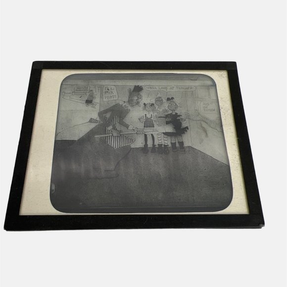 Antique Magic Lantern Glass Slide with Cartoon Comic Strip Image Black and White - Picture 1 of 3